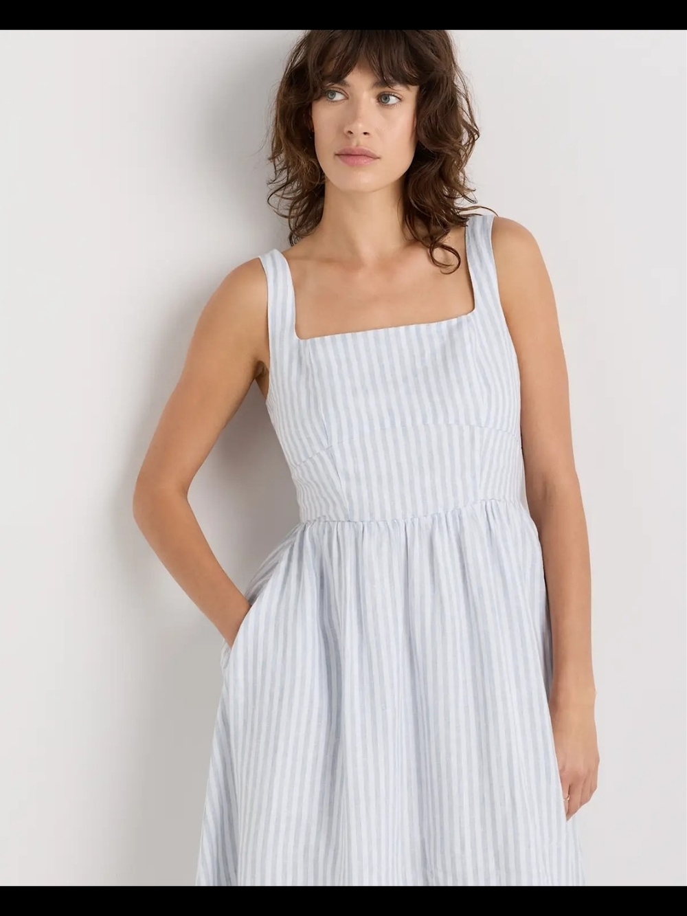 Quince 100% European Linen Fit & Flare Midi Dress Sky Blue Mariner Stripe S NWT - Picture 15 of 16